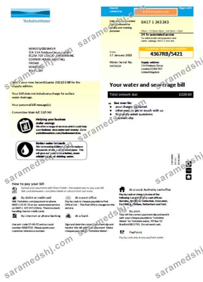 Yorkshire water utility business bill,  page 1 SCR